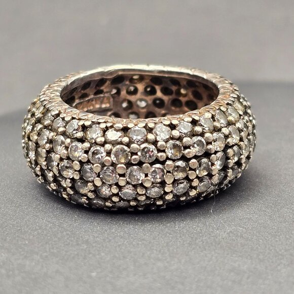 TH or FH Jewelry - VTG Sterling Silver 925 Dome Eternity Ring Size 7 Quartz Crystal Pave Signed